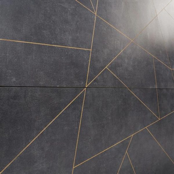 Large Wall | 1 sq. ft. Whitney Ardesia Charcoal Black and Gold Line 24×48 Artisan Decor Matte Porcelain Wall Tile Charcoal Bathroom Bathroom