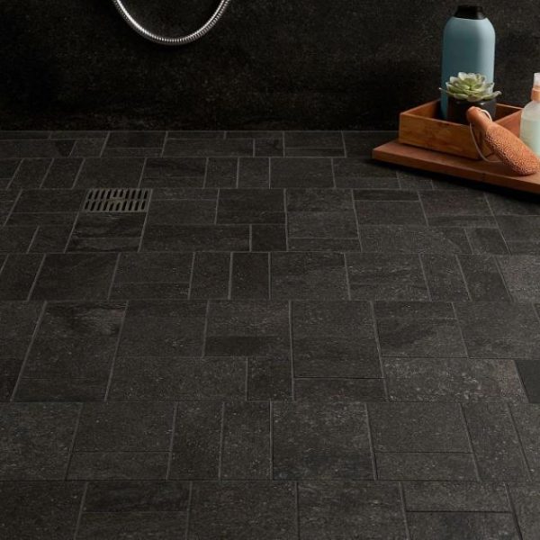 Outdoor & Pavers | 1 sq. ft. Acadia French Pattern Charcoal Black Limestone Look Matte Porcelain Mosaic Tile Charcoal Black Bathroom Bathroom