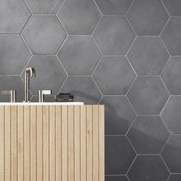 Outdoor & Pavers | 1 sq. ft. Ava Charcoal Black 8″ Hexagon Matte Porcelain Tile Charcoal Bathroom Bathroom