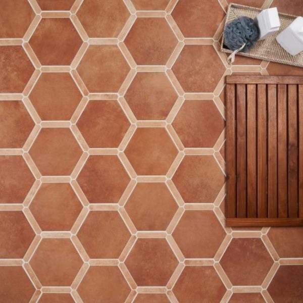 Outdoor & Pavers | 1 sq. ft. Sagon Terracotta Dark 9″ Hexagon Matte Porcelain Tile Terracotta Brown Bathroom Bathroom