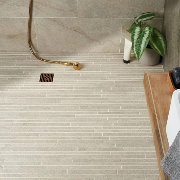 Pool Tiles | 1 sq. ft. Acadia Thin Strip Warm Linen White Limestone Look Matte Porcelain Mosaic Tile Linen White Backsplash & Kitchen Backsplash & Kitchen