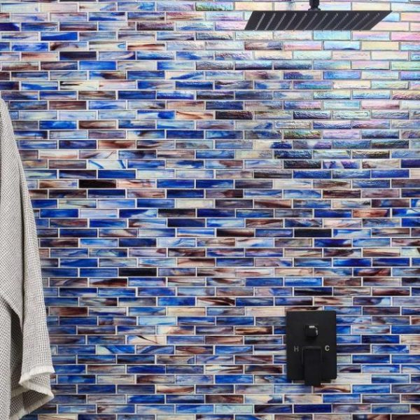 Pool Tiles | 1 sq. ft. Artwave Cove Blue Iridescent 1×4 Polished Glass Mosaic Tile Cove Blue Backsplash & Kitchen Backsplash & Kitchen