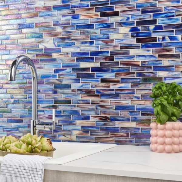 Pool Tiles | 1 sq. ft. Artwave Cove Blue Iridescent 1×4 Polished Glass Mosaic Tile Cove Blue Backsplash & Kitchen Backsplash & Kitchen