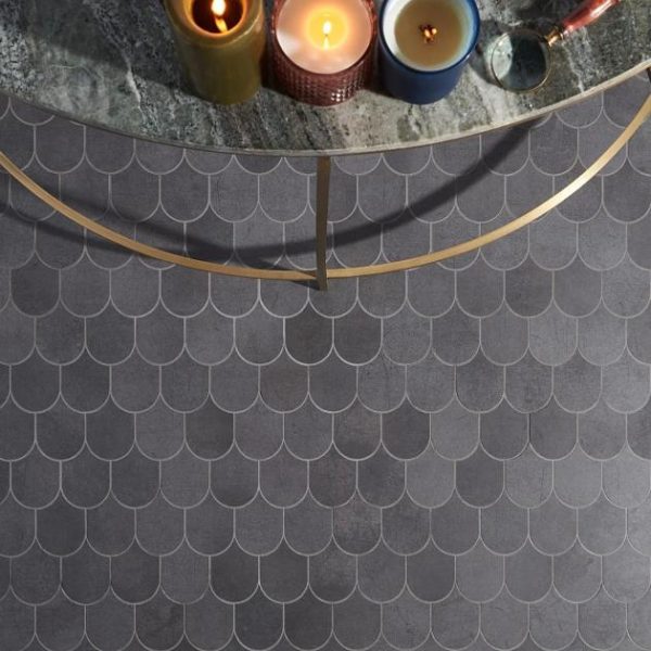 Pool Tiles | 1 sq. ft. Bond Venom Black Charcoal Fishscale Plume Matte Porcelain Mosaic Tile Venom Bathroom Bathroom