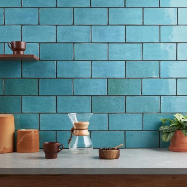 Pool Tiles | 1 sq. ft. Emery Blue 4×8 Handmade Crackled Glossy Terracotta Subway Tile Blue Backsplash & Kitchen Backsplash & Kitchen