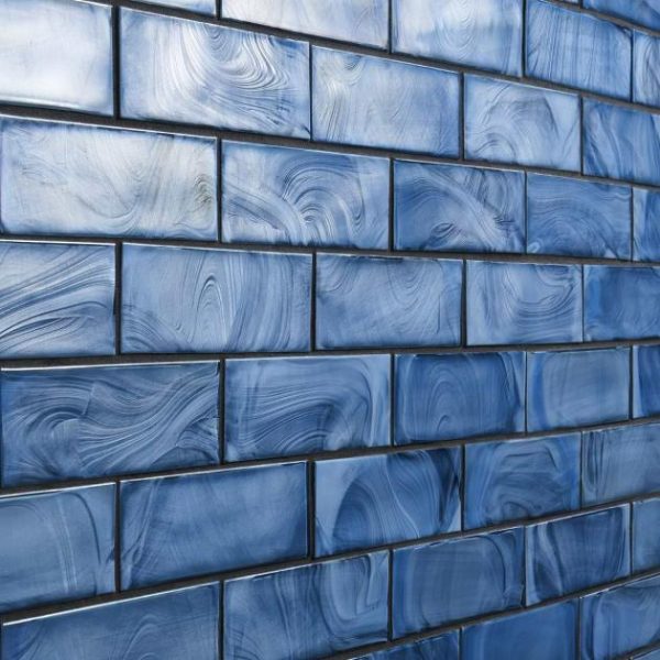 Pool Tiles | 1 sq. ft. Magico Iridescent Sky Blue 2×6 Polished Glass Mosaic Tile Sky Blue Backsplash & Kitchen Backsplash & Kitchen