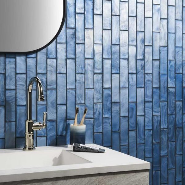 Pool Tiles | 1 sq. ft. Magico Iridescent Sky Blue 2×6 Polished Glass Mosaic Tile Sky Blue Backsplash & Kitchen Backsplash & Kitchen