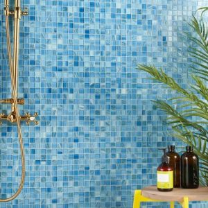 Pool Tiles | 1 sq. ft. Marley Ocean Blue 1×1 Polished Glass Mosaic Ocean Bathroom Bathroom