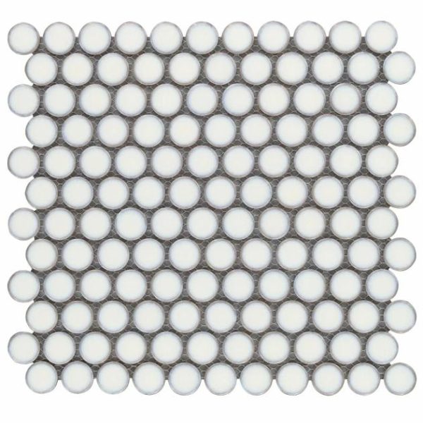 Pool Tiles | 1 sq. ft. Nirvana Snow Rimmed 1″ Penny Round White Polished Porcelain Mosaic Snow Bathroom Bathroom