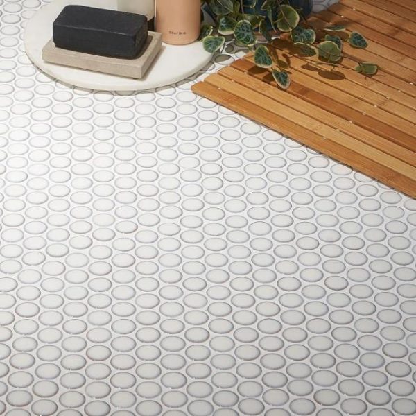 Pool Tiles | 1 sq. ft. Nirvana Snow Rimmed 1″ Penny Round White Polished Porcelain Mosaic Snow Bathroom Bathroom