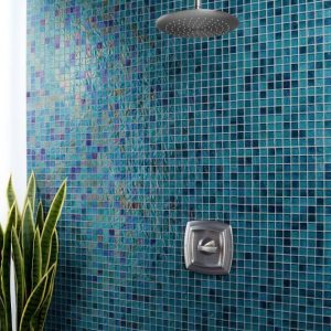 Pool Tiles | 1 sq. ft. Splash Tropical Blue 1×1 Polished Glass Mosaic Tile Tropical Bathroom Bathroom