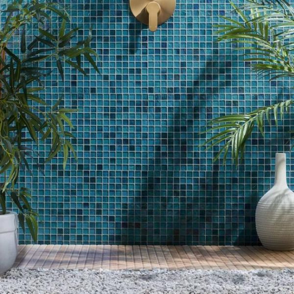 Pool Tiles | 1 sq. ft. Splash Tropical Blue 1×1 Polished Glass Mosaic Tile Tropical Bathroom Bathroom