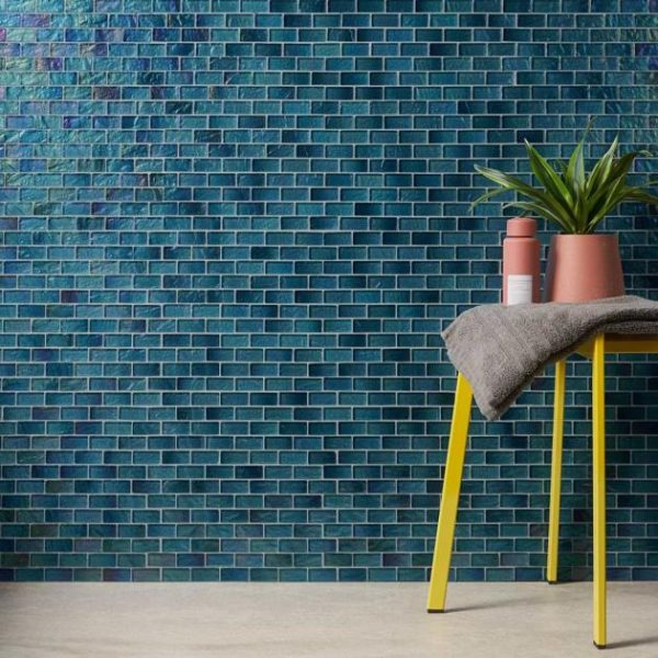 Pool Tiles | 1 sq. ft. Splash Tropical Blue 1×2 Polished Glass Mosaic Tile Tropical Bathroom Bathroom