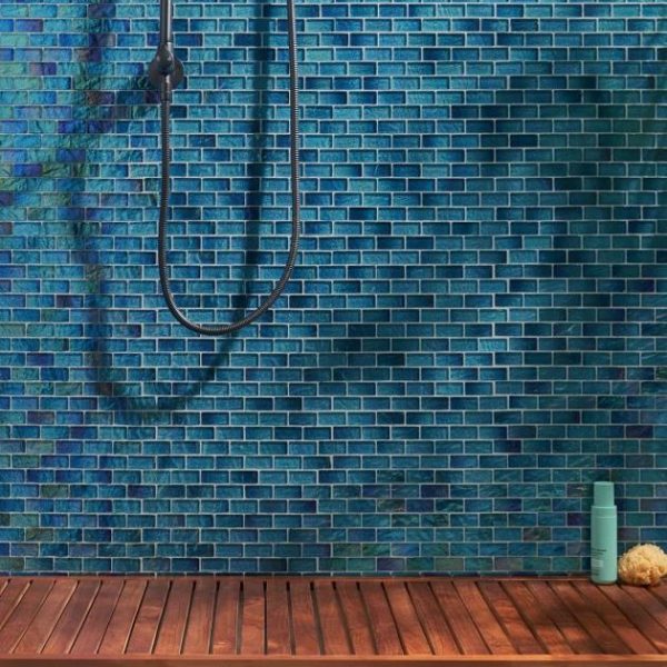 Pool Tiles | 1 sq. ft. Splash Tropical Blue 1×2 Polished Glass Mosaic Tile Tropical Bathroom Bathroom