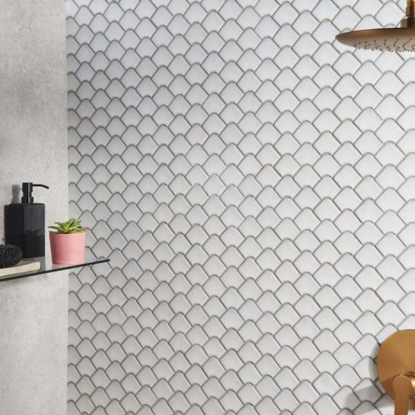 Pool Tiles | 1 sq. ft. Suki Gray 2×3 Fishscale Matte Glass Mosaic Tile Gray Backsplash & Kitchen Backsplash & Kitchen