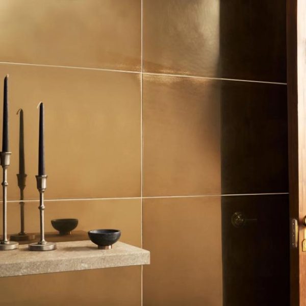 Shower | 1 sq. ft. Amulet Mist Gold 18×36 Metal Laminated Porcelain Tile Gold Bathroom Bathroom