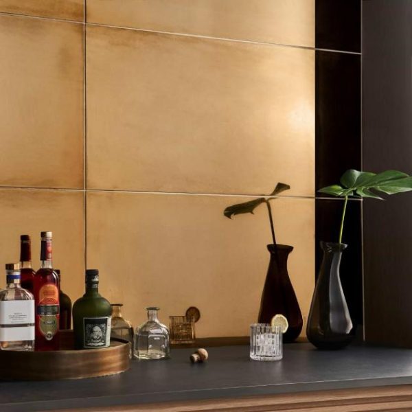 Shower | 1 sq. ft. Amulet Mist Gold 18×36 Metal Laminated Porcelain Tile Gold Bathroom Bathroom