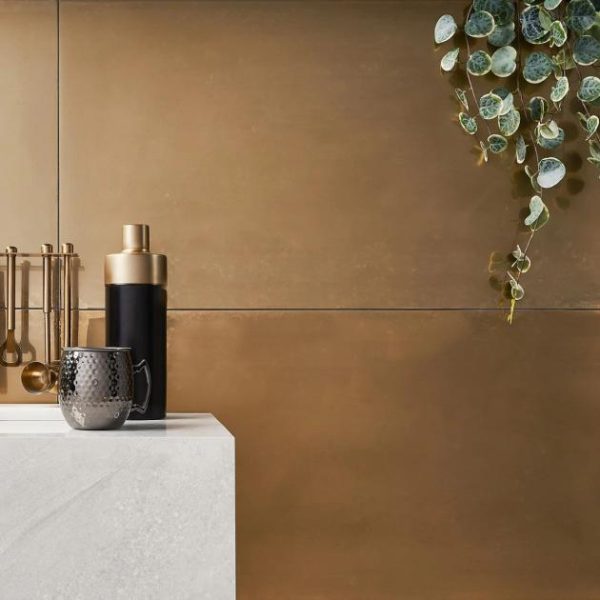 Shower | 1 sq. ft. Amulet Mist Gold 18×36 Metal Laminated Porcelain Tile Gold Bathroom Bathroom