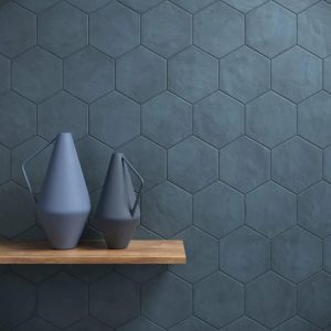 Shower | 1 sq. ft. Ava Blue Ocean 8″ Hexagon Matte Porcelain Tile Blue Bathroom Bathroom