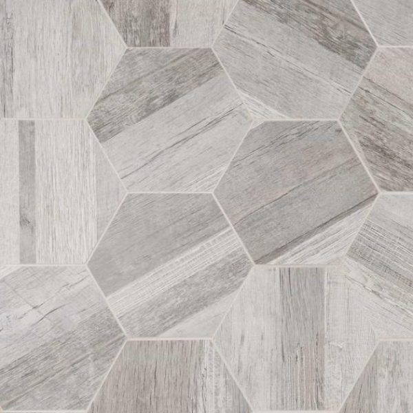 Shower | 1 sq. ft. Caribou Silver Esagona 8″ Hexagon Matte Porcelain Wood Look Tile Silver Bathroom Bathroom