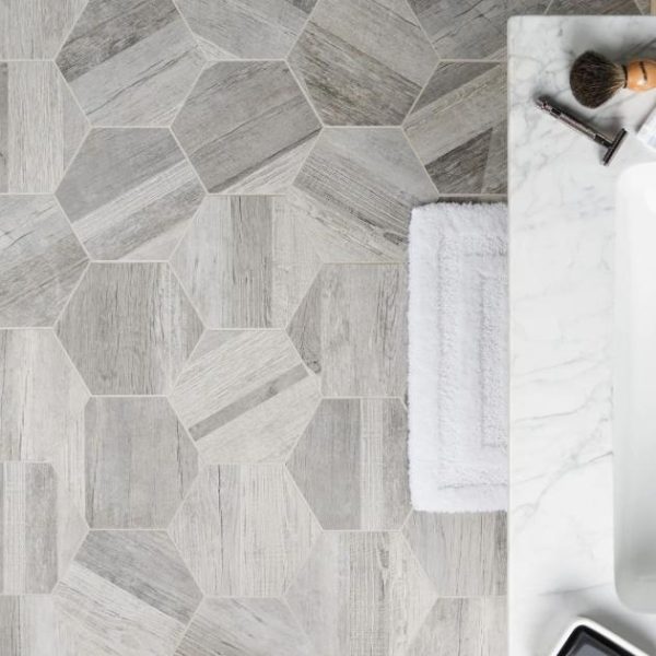 Shower | 1 sq. ft. Caribou Silver Esagona 8″ Hexagon Matte Porcelain Wood Look Tile Silver Bathroom Bathroom