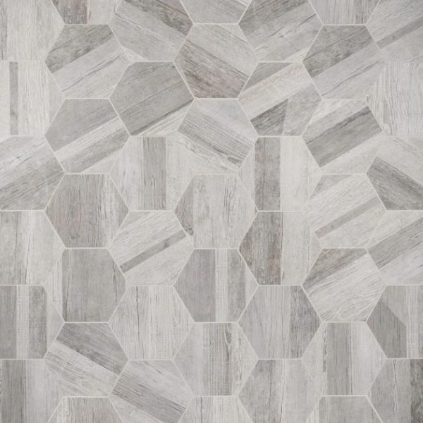 Shower | 1 sq. ft. Caribou Silver Esagona 8″ Hexagon Matte Porcelain Wood Look Tile Silver Bathroom Bathroom