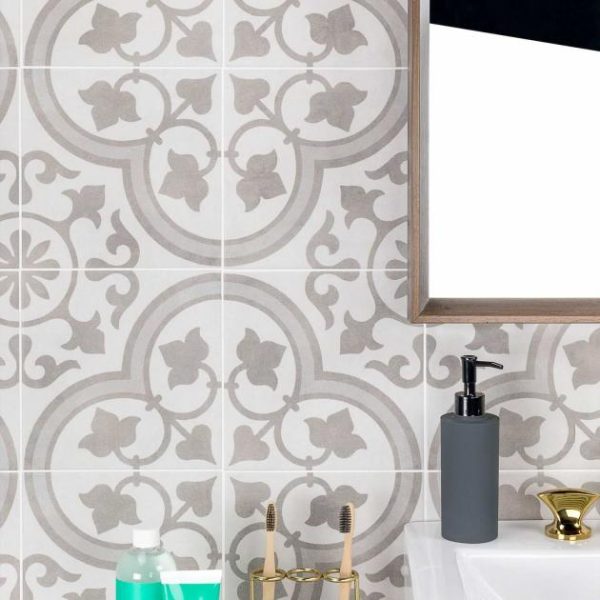 Shower | 1 sq. ft. Cascais Silver Ornate 9×9 Matte Porcelain Tile Silver Ornate Bathroom Bathroom