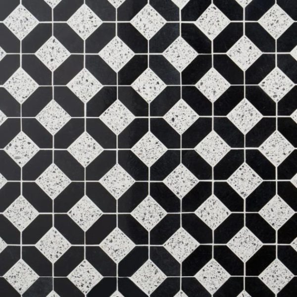 Shower | 1 sq. ft. Cleopatra Diamond Truffle White Terrazzo and Nero Marquina Black Marble Polished Mosaic Tile Truffle Black Backsplash & Kitchen Backsplash & Kitchen