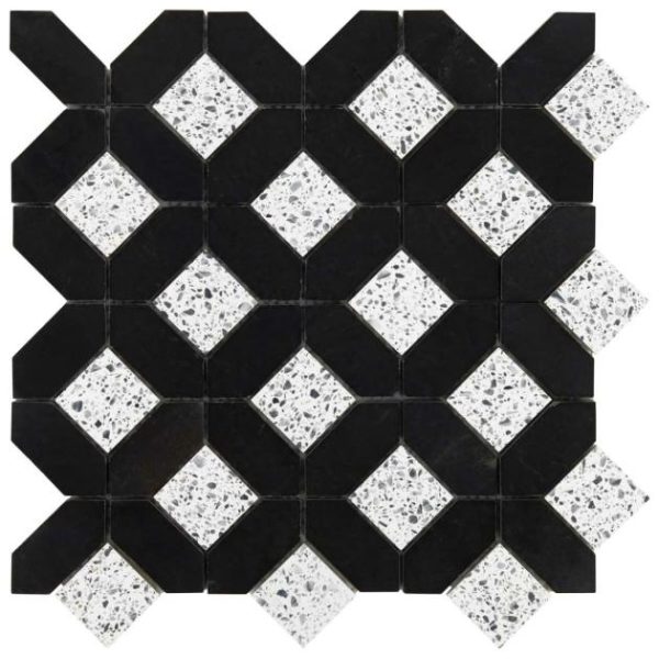 Shower | 1 sq. ft. Cleopatra Diamond Truffle White Terrazzo and Nero Marquina Black Marble Polished Mosaic Tile Truffle Black Backsplash & Kitchen Backsplash & Kitchen