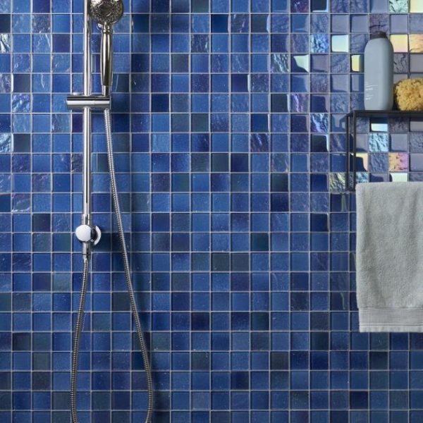 Shower | 1 sq. ft. Fairy Blue 2×2 Polished Glass Mosiac Tile Blue Bathroom Bathroom