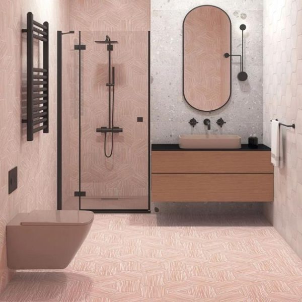 Shower | 1 sq. ft. HexArt Zen Ice Rosa 8″ Hexagon Matte Porcelain Tile Ice Rosa Bathroom Bathroom