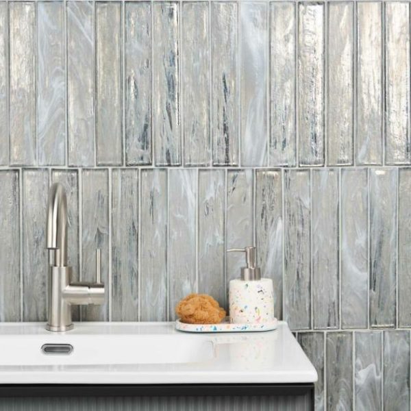 Shower | 1 sq. ft. Komorebi Brick Mineral Ice Gray 2×12 Polished Glass Subway Tile Ice Gray Backsplash & Kitchen Backsplash & Kitchen