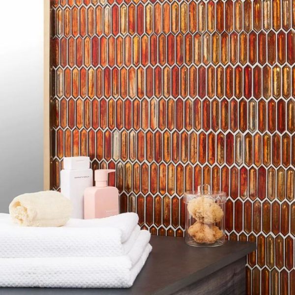 Shower | 1 sq. ft. Komorebi Picket Bonfire Red 1×3 Polished Glass Mosaic Tile Bonfire Red Backsplash & Kitchen Backsplash & Kitchen