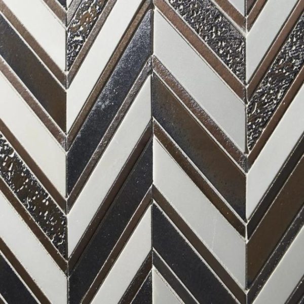 Shower | 1 sq. ft. Magma Chevron Susa Bronze Black & White Asian Statuary Marble & Lava Stone Polished Mosaic Tile White Bronze Bathroom Bathroom