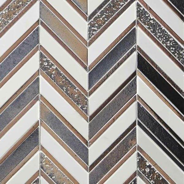 Shower | 1 sq. ft. Magma Chevron Susa Bronze Black & White Asian Statuary Marble & Lava Stone Polished Mosaic Tile White Bronze Bathroom Bathroom