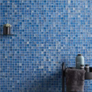 Shower | 1 sq. ft. Marley Lake Blue 1×1 Polished Glass Mosaic Lake Backsplash & Kitchen Backsplash & Kitchen