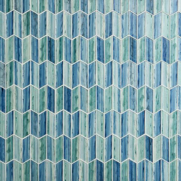 Shower | 1 sq. ft. Maya Chevron Aqua Blue and Green 2×7 Polished Glass Mosaic Tile Chevron Aqua Backsplash & Kitchen Backsplash & Kitchen