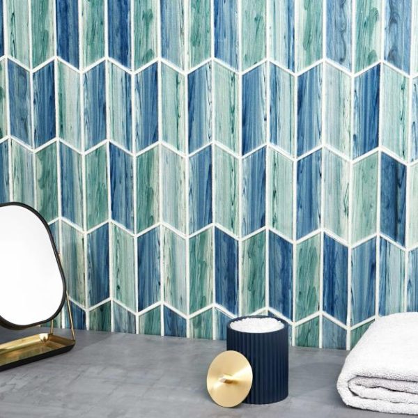 Shower | 1 sq. ft. Maya Chevron Aqua Blue and Green 2×7 Polished Glass Mosaic Tile Chevron Aqua Backsplash & Kitchen Backsplash & Kitchen