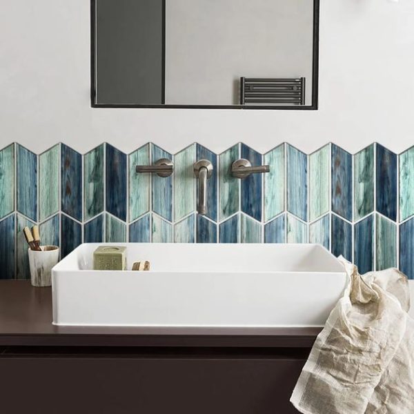 Shower | 1 sq. ft. Maya Chevron Aqua Blue and Green 2×7 Polished Glass Mosaic Tile Chevron Aqua Backsplash & Kitchen Backsplash & Kitchen