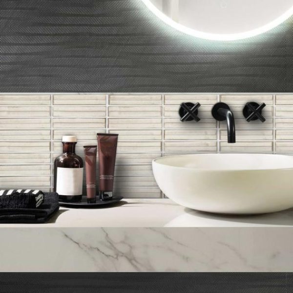 Shower | 1 sq. ft. Maya Stacked Dawn Beige 1×5 Polished Glass Mosaic Tile Stacked Dawn Backsplash & Kitchen Backsplash & Kitchen