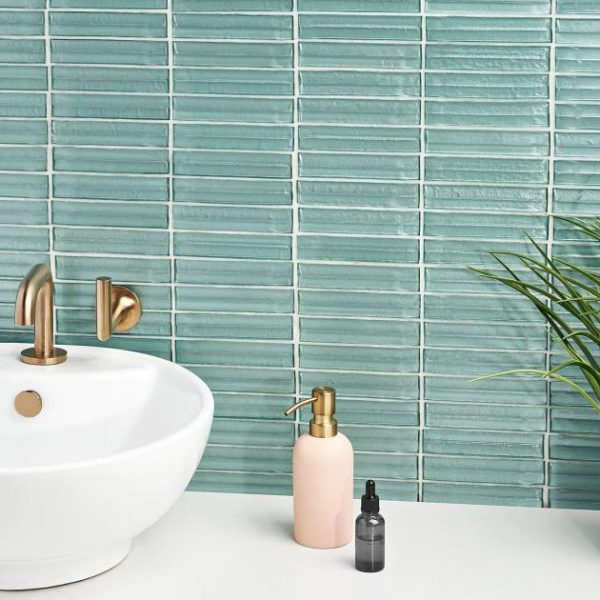 Shower | 1 sq. ft. Maya Stacked Ocean Green 1×5 Polished Glass Mosaic Tile Stacked Ocean Backsplash & Kitchen Backsplash & Kitchen