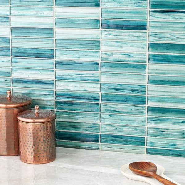 Shower | 1 sq. ft. Maya Stacked Teal Green 1×5 Polished Glass Mosaic Tile Stacked Teal Backsplash & Kitchen Backsplash & Kitchen