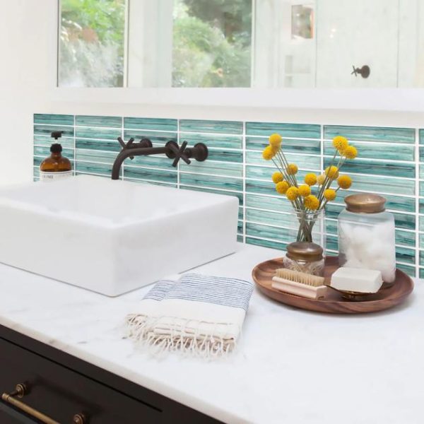 Shower | 1 sq. ft. Maya Stacked Teal Green 1×5 Polished Glass Mosaic Tile Stacked Teal Backsplash & Kitchen Backsplash & Kitchen