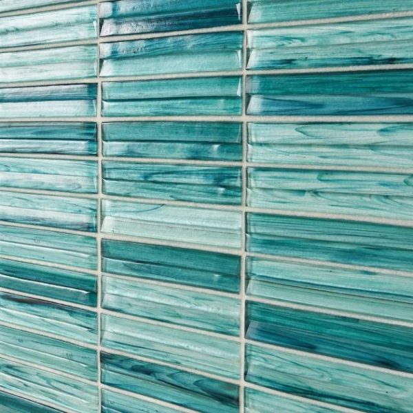 Shower | 1 sq. ft. Maya Stacked Teal Green 1×5 Polished Glass Mosaic Tile Stacked Teal Backsplash & Kitchen Backsplash & Kitchen