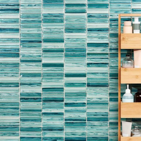 Shower | 1 sq. ft. Maya Stacked Teal Green 1×5 Polished Glass Mosaic Tile Stacked Teal Backsplash & Kitchen Backsplash & Kitchen