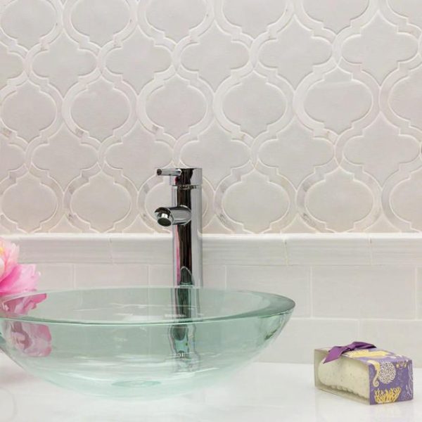 Shower | 1 sq. ft. Nabi Arabesque Glacier White Marble & Crackled Glass Tile Glacier White Bathroom Bathroom