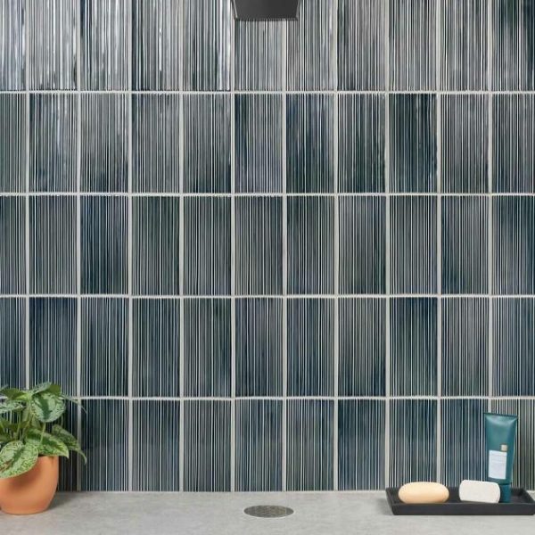 Shower | 1 sq. ft. Nabi Subway Midnight Blue Green 4.5×9 Fluted Ridged Crackled Glossy Glass Tile Midnight Blue Backsplash & Kitchen Backsplash & Kitchen