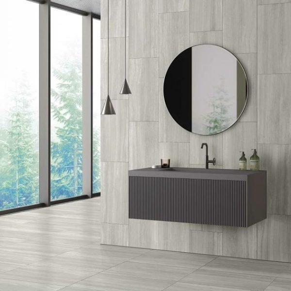 Shower | 1 sq. ft. Nashville Gray 12×24 Travertine Look Matte Porcelain Tile Gray Matte Backsplash & Kitchen Backsplash & Kitchen