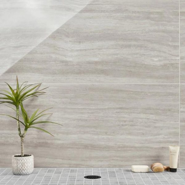 Shower | 1 sq. ft. Nashville Gray 24×48 Travertine Look Polished Porcelain Tile Gray Polished Bathroom Bathroom