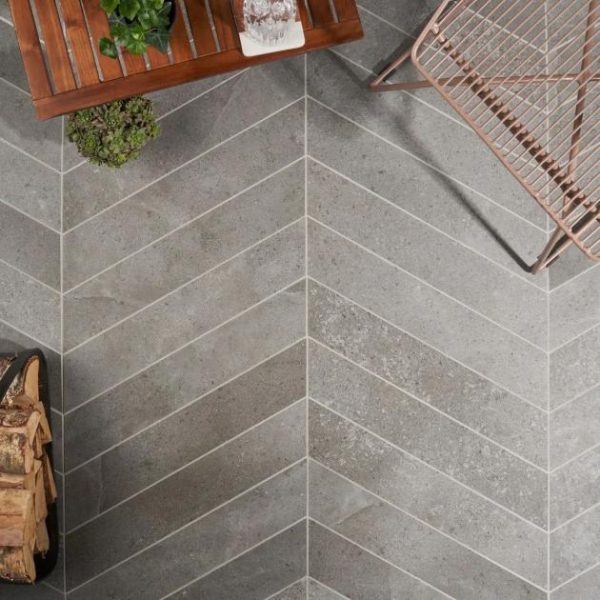 Shower | 1 sq. ft. New Rock Fossil Dark Gray 4×21 Chevron Limestone Look Matte Porcelain Tile Dark Gray Chevron Bathroom Bathroom